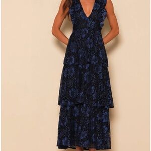 Molinetto Navy Blue Lace Ruffled Tiered Sleeveless Maxi Dress